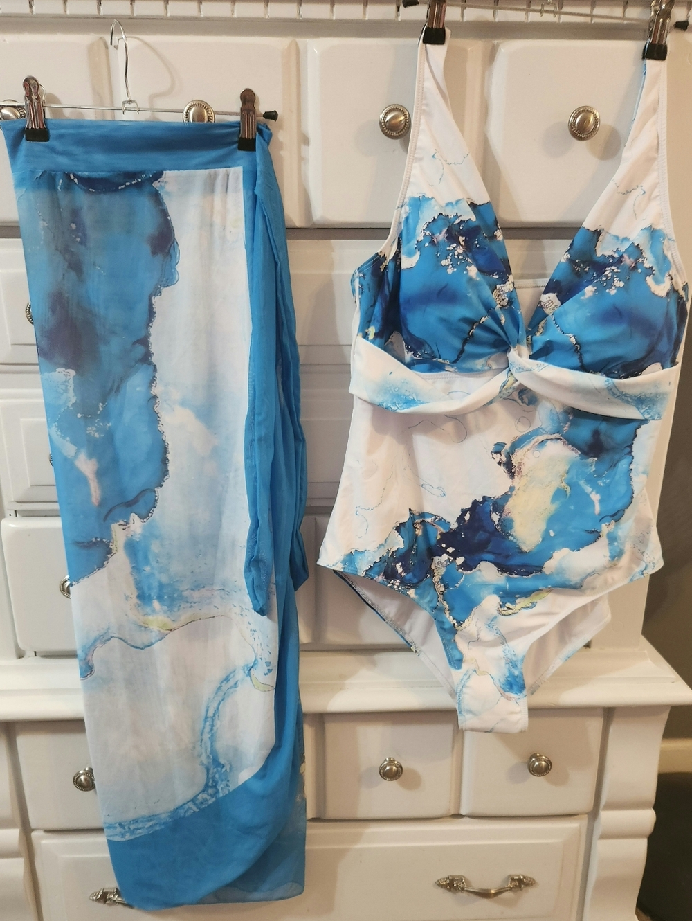 Brand New Blue Marble One-Piece Swimsuit with Matching Wrap
